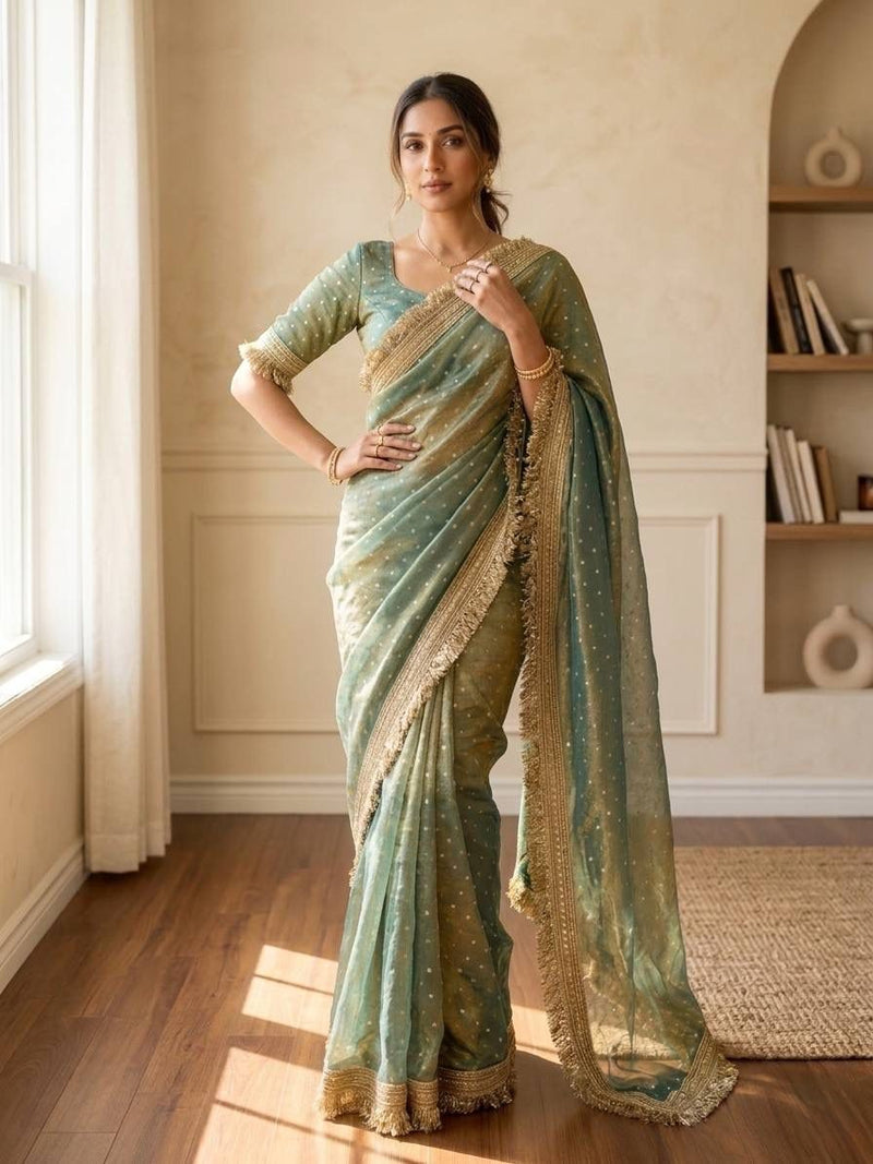 Sea Green Moss Satin Saree with Maharani Big Border | RD PRIYA
