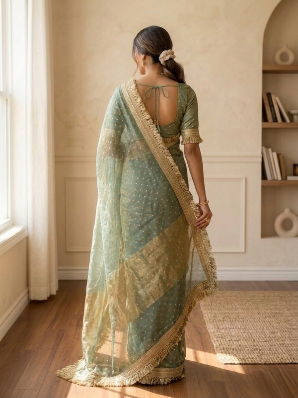 Sea Green Moss Satin Saree with Maharani Big Border | RD PRIYA