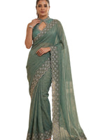 Sea Green Satin Saree with Zari Weaving & Siroski Border | RD TANISHKA