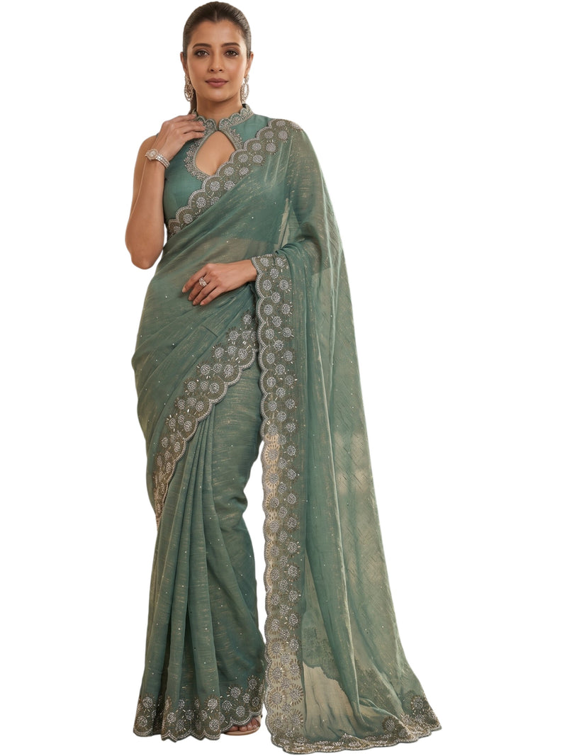 Sea Green Satin Saree with Zari Weaving & Siroski Border | RD TANISHKA