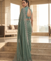 Sea Green Satin Saree with Zari Weaving & Siroski Border | RD TANISHKA