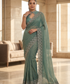 Sea Green Satin Saree with Zari Weaving & Siroski Border | RD TANISHKA