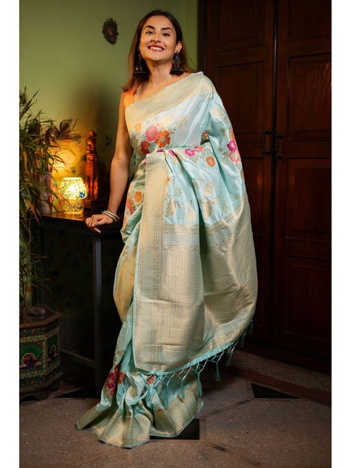 Sky Blue Banarasi Silk Saree | Festive & Party Wear