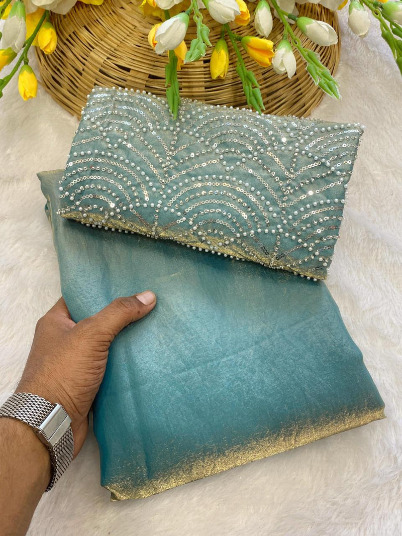 Sky Satin Bollywood Saree with Moti Work Designer Blouse | RD DIVISHA