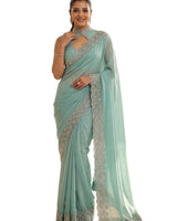 Sky Satin Saree with Zari Weaving & Siroski Border | RD TANISHKA