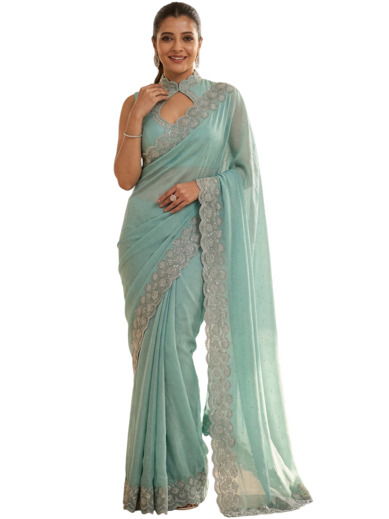 Sky Satin Saree with Zari Weaving & Siroski Border | RD TANISHKA
