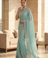 Sky Satin Saree with Zari Weaving & Siroski Border | RD TANISHKA