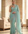 Sky Satin Saree with Zari Weaving & Siroski Border | RD TANISHKA