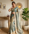 Steel Blue Moss Satin Saree with Maharani Big Border | RD PRIYA