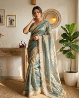 Steel Blue Moss Satin Saree with Maharani Big Border | RD PRIYA