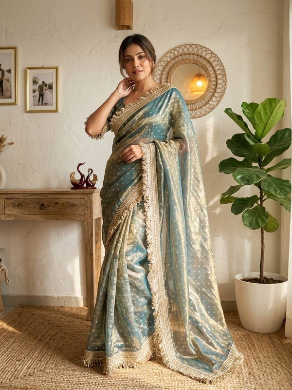 Steel Blue Moss Satin Saree with Maharani Big Border | RD PRIYA detail view