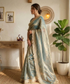 Steel Blue Moss Satin Saree with Maharani Big Border | RD PRIYA