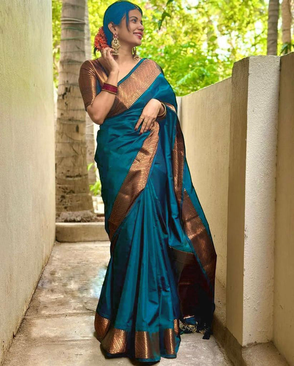 Teal Blue Banarasi Silk Saree | Traditional Wedding Wear