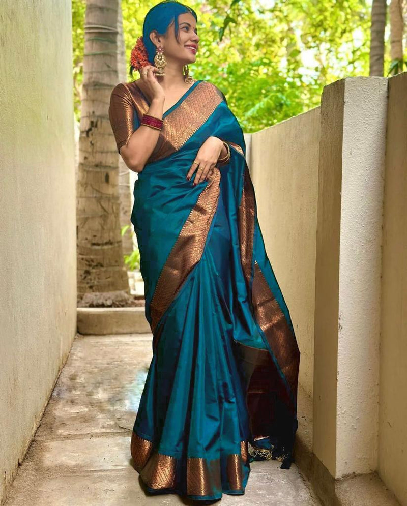 Teal Blue Banarasi Silk Saree | Traditional Wedding Wear