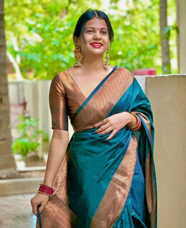 Teal Blue Banarasi Silk Saree | Traditional Wedding Wear
