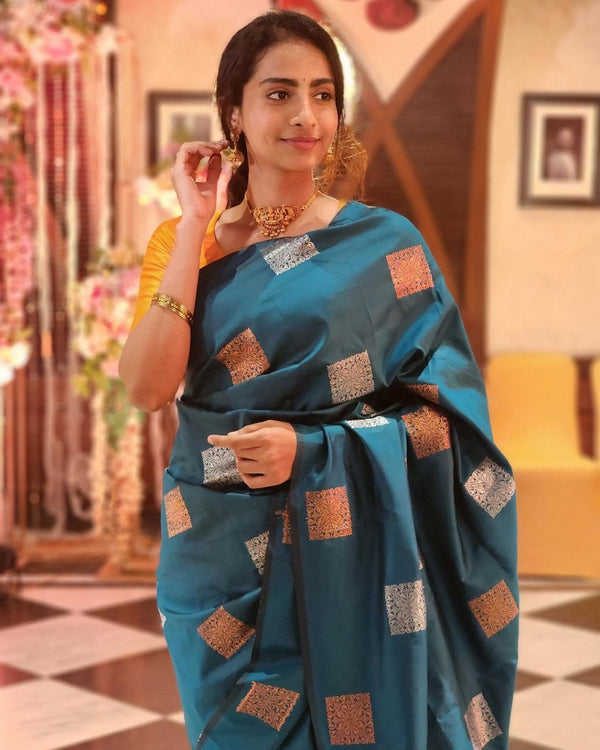 Teal Blue Banarasi Silk Saree | Wedding & Festive Wear