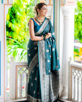 Teal Blue Jacquard Silk Saree | Ethnic Wear for Women