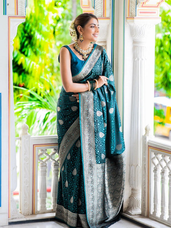 Teal Blue Jacquard Silk Saree | Ethnic Wear for Women