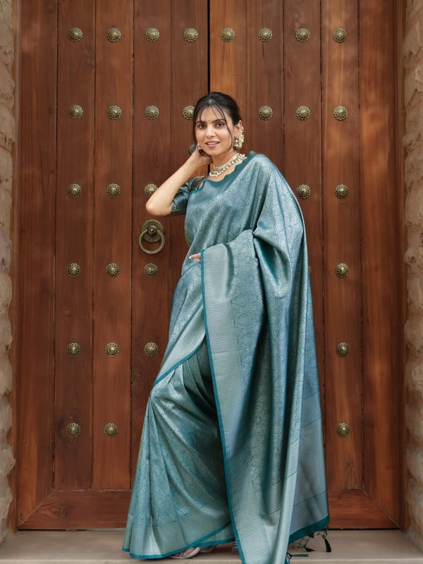 Teal Blue Jacquard Silk Saree | Festive & Party Wear