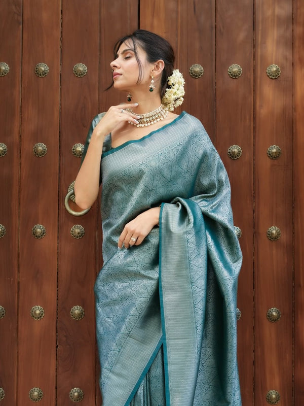 Teal Blue Jacquard Silk Saree | Festive & Party Wear