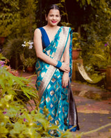Teal Blue Jacquard Silk Saree | Rich Zari Border Saree