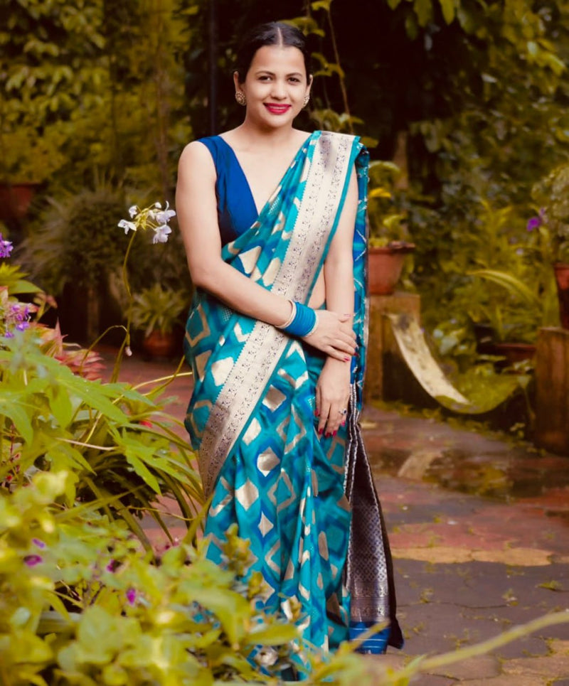 Teal Blue Jacquard Silk Saree | Rich Zari Border Saree