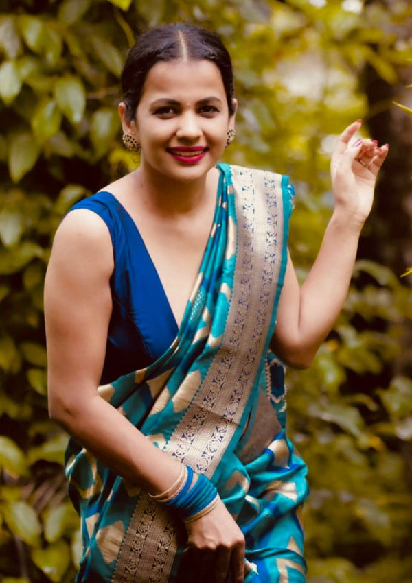 Teal Blue Jacquard Silk Saree | Rich Zari Border Saree
