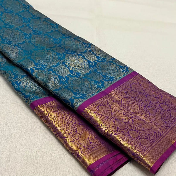 Teal Blue Kanjivaram Silk Saree | Wedding & Festive Wear