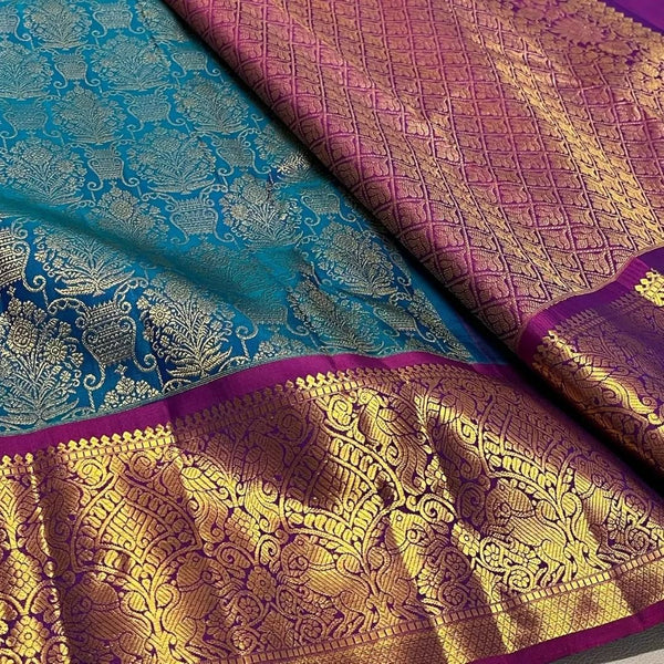 Teal Blue Kanjivaram Silk Saree | Wedding & Festive Wear