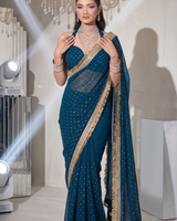 Teal Blue Moss Satin Saree with Maharani Big Border | RD PRIYA