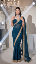 Teal Blue Moss Satin Saree with Maharani Big Border | RD PRIYA