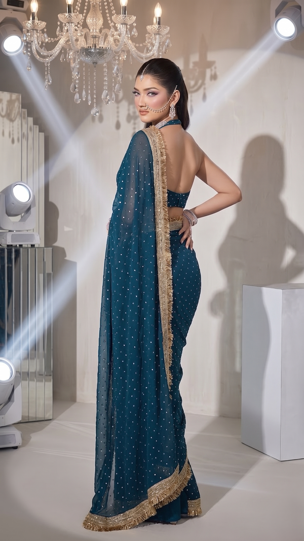 Teal Blue Moss Satin Saree with Maharani Big Border | RD PRIYA