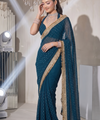 Teal Blue Moss Satin Saree with Maharani Big Border | RD PRIYA