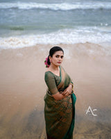 Teal Green Jacquard Silk Saree | Festival & Ceremony Wear