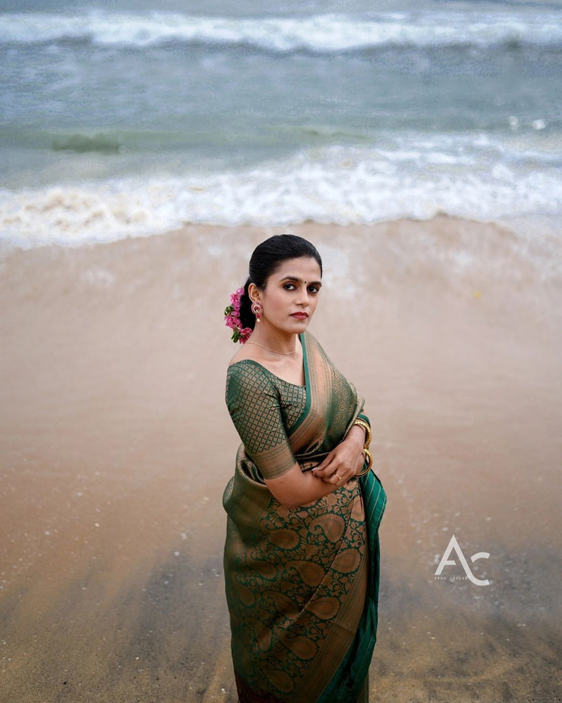 Teal Green Jacquard Silk Saree | Festival & Ceremony Wear