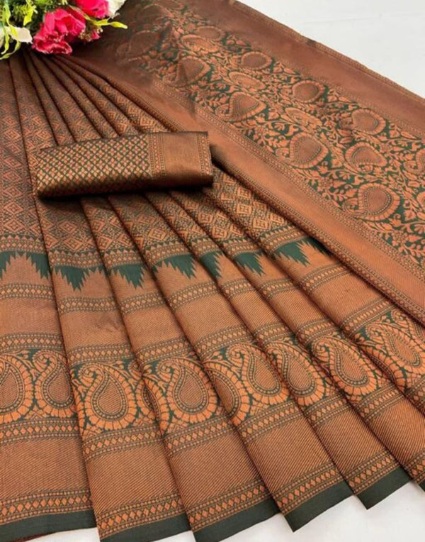 Teal Green Jacquard Silk Saree | Festival & Ceremony Wear