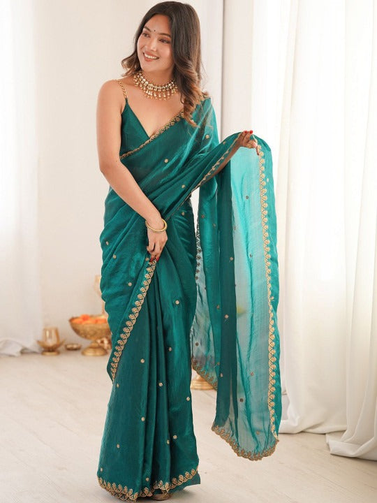 Teal Green Space Silk Sequin Embroidery Saree for Party Wear | RD KAVYA