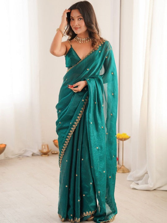 Teal Green Space Silk Sequin Embroidery Saree for Party Wear | RD KAVYA
