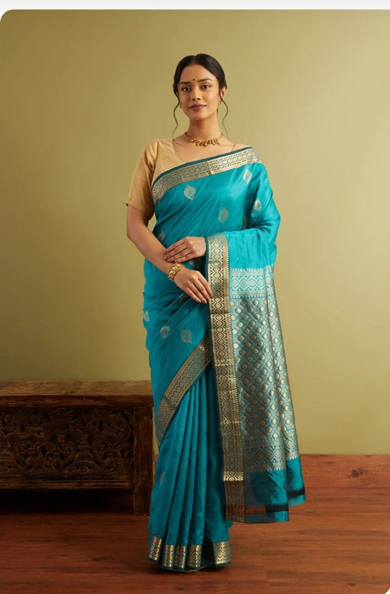 Turquoise Blue Jacquard Silk Saree | Rich Zari Border Saree