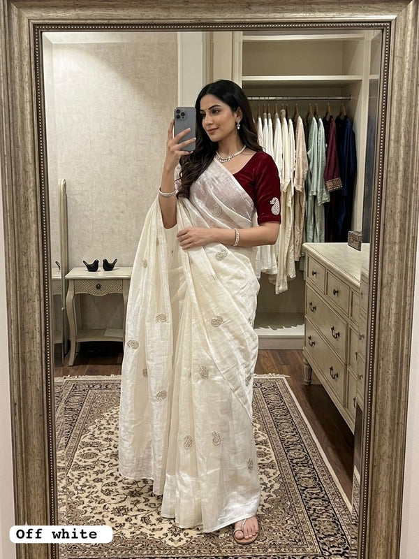 White 550 Chiffon Party Wear Saree with Siroski & Moti Work | RD KHUSHI