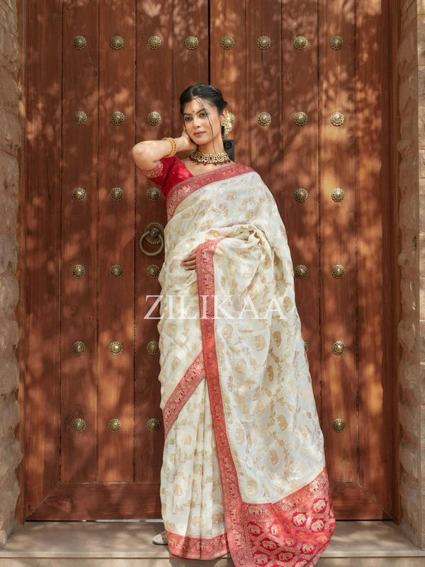 White Banarasi Silk Saree | Festival & Ceremony Wear