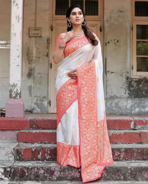 White Banarasi Silk Saree | Puja Collection