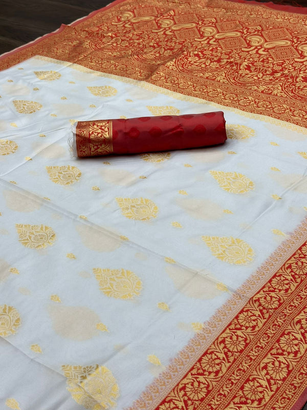 White Banarasi Silk Saree | Puja Collection