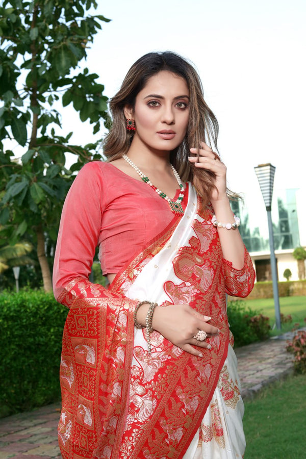 White Banarasi Silk Saree | Puja & Festive Wear