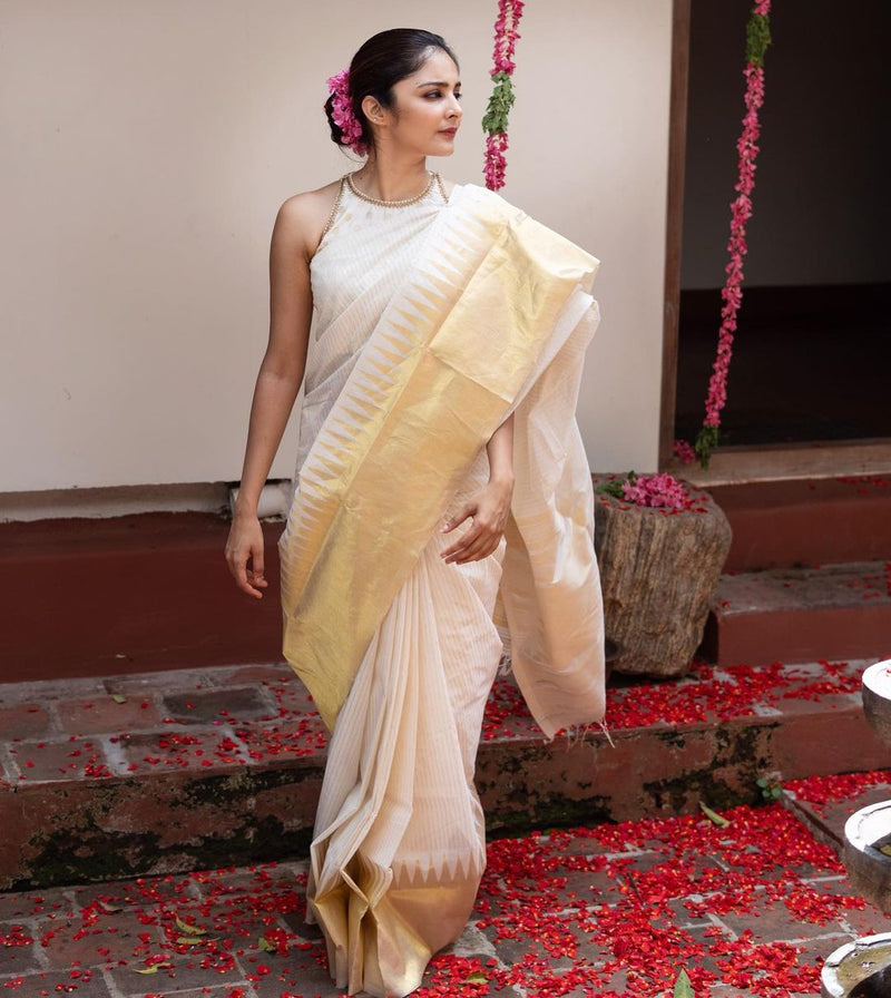 White Kanjivaram Silk Saree | Festive & Party Wear