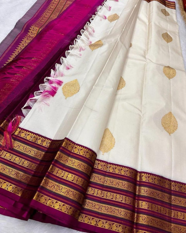 White Kanjivaram Silk Saree | Traditional Zari Weave
