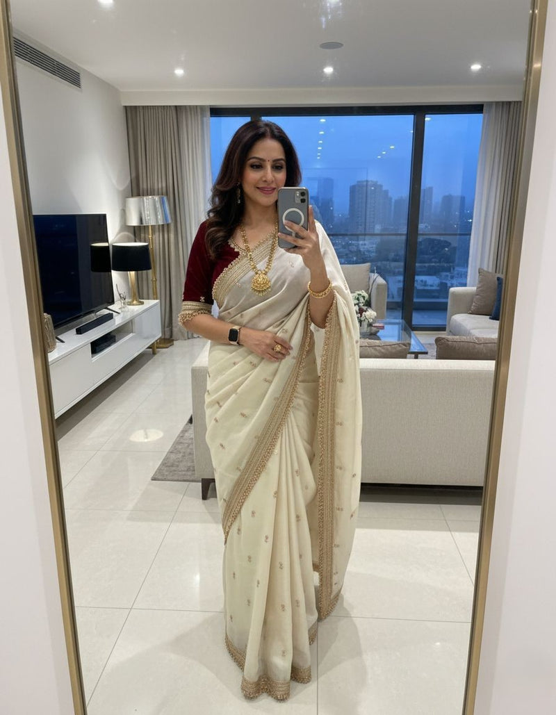 White Space Satin Sequence Work Saree for Party & Wedding | RD APEXA