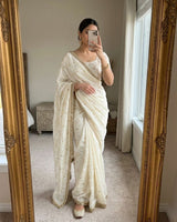 White Space Satin Sequin Saree with Mirror Lace Border | RD SANVI