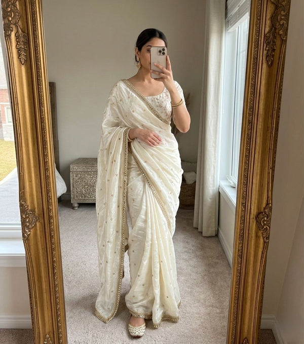 White Space Satin Sequin Saree with Mirror Lace Border | RD SANVI
