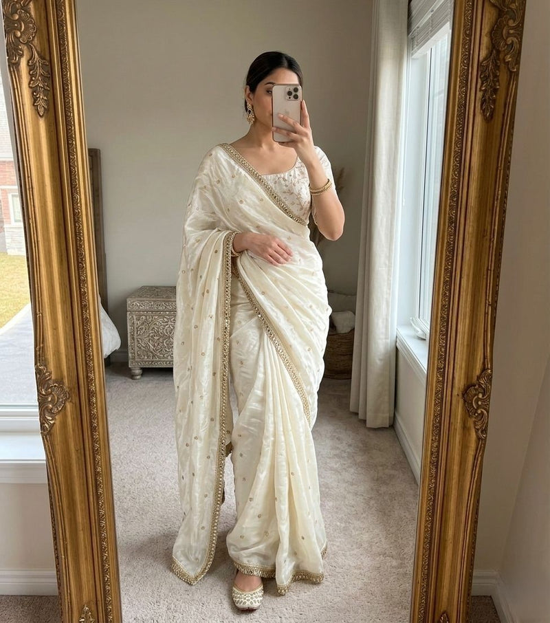 White Space Satin Sequin Saree with Mirror Lace Border | RD SANVI